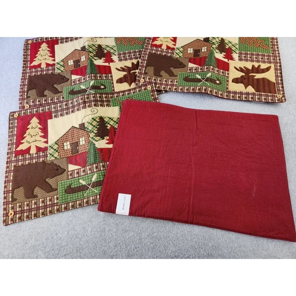 Set of‎ 4 Patchwork Embroidered Placemats Rustic Cabin Cottagecore Bear Moose